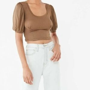 Urban Outfitters Out From Under Remi Ribbed Puff Sleeve Brown Crop Top